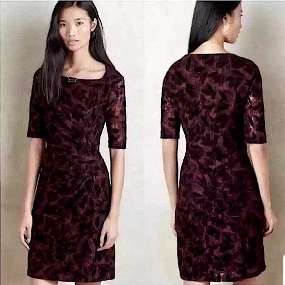 Anthropologie Dresses & Skirts - ANTHROPOLOGIE MAEVE Women’s Elorn Burgundy Black Lace Ruched Dress Size 8